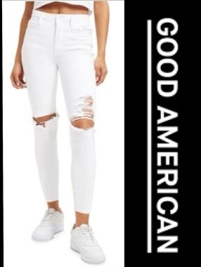 Good American White Ripped Skinny Jeans Good Waist GWCDV001ST Sz 33